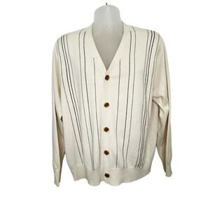 Geoffrey Beene Cream Striped Button Down V-Neck Cardigan Mens Large
